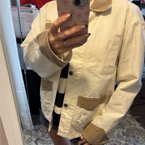 Carhartt Jacket Cream Canvas Brown Cord Collar Barn Coat - Picture 5 of 9